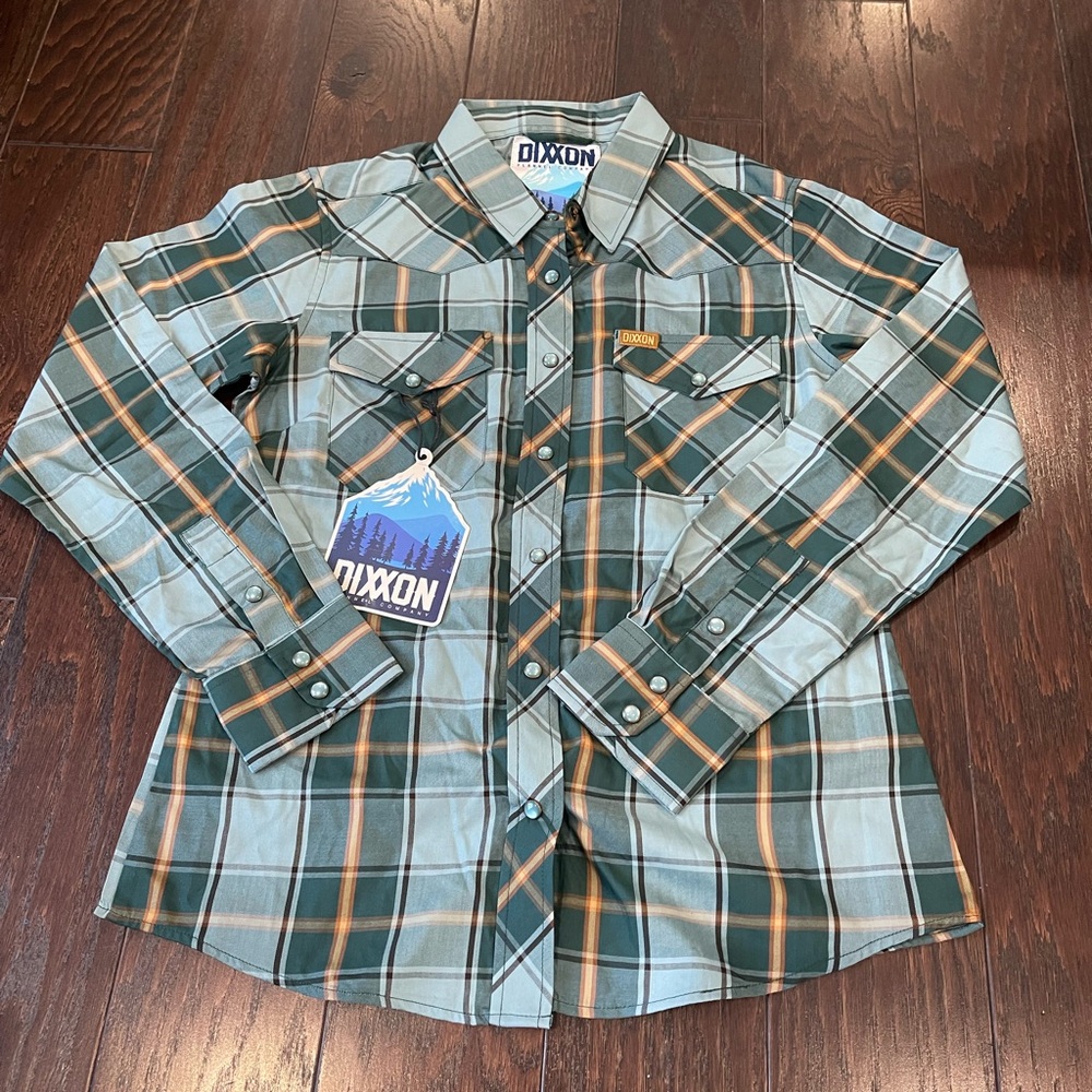 Dixxon Flannel Silverton Lasso Green Blue Plaid Pearl Snap Size Medium NEW
